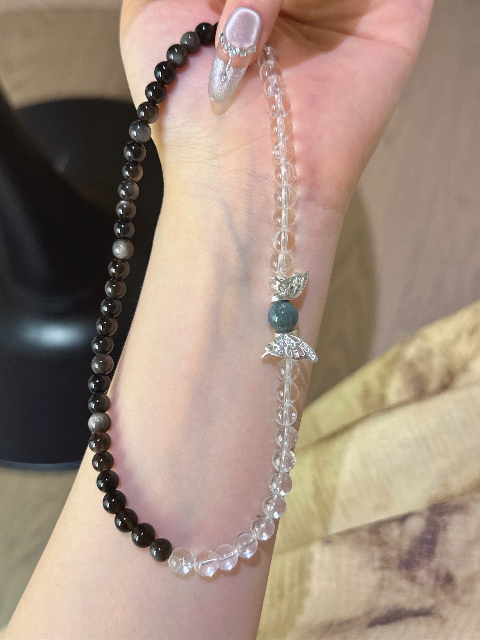▫️▪️ White crystal silver obsidian eagle eye stone bracelet